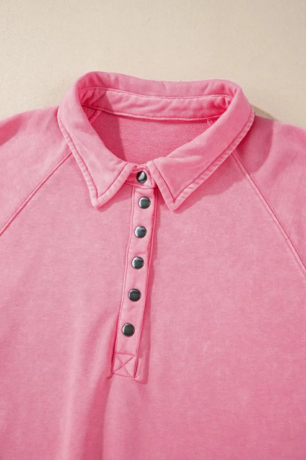 Online Dear-Lover Solid Snap Buttons Collared Balloon Sleeve Oversized Sweatshirt Pink