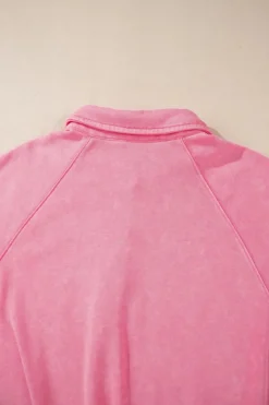 Online Dear-Lover Solid Snap Buttons Collared Balloon Sleeve Oversized Sweatshirt Pink