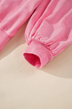 Online Dear-Lover Solid Snap Buttons Collared Balloon Sleeve Oversized Sweatshirt Pink
