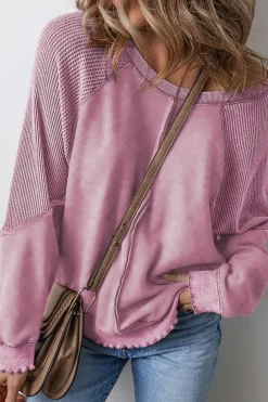 Sale Dear-Lover Solid Waffle Knit Patchwork Raglan Sleeve Sweatshirt Pink