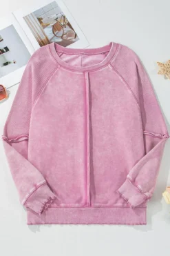 Sale Dear-Lover Solid Waffle Knit Patchwork Raglan Sleeve Sweatshirt Pink