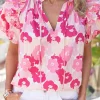 Fashion Dear-Lover Split Neck Ruffled Puff Sleeves Floral Top Pink