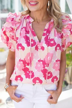 Fashion Dear-Lover Split Neck Ruffled Puff Sleeves Floral Top Pink