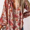 Fashion Dear-Lover Split V Neck Printed Blouse Pink