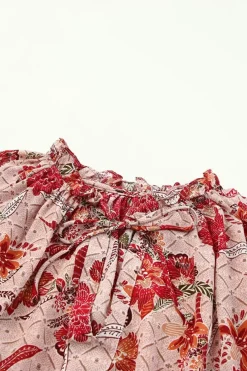 Fashion Dear-Lover Split V Neck Printed Blouse Pink