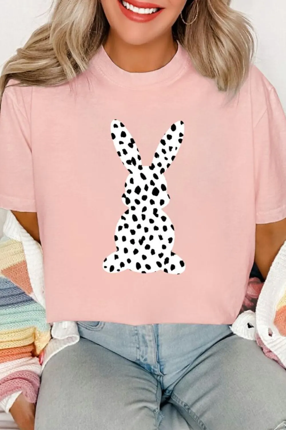 Fashion Dear-Lover Spotty Bunny Printed Easter Fashion T Shirt Pink
