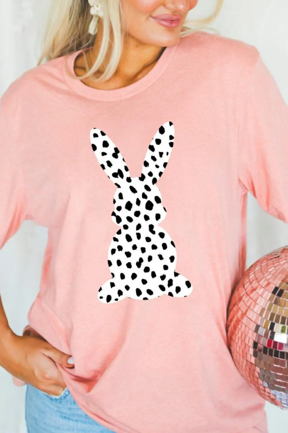 Fashion Dear-Lover Spotty Bunny Printed Easter Fashion T Shirt Pink