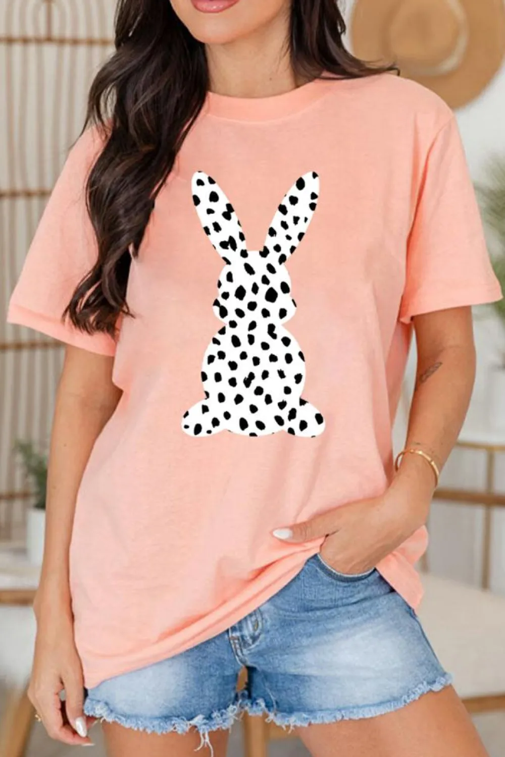 Fashion Dear-Lover Spotty Bunny Printed Easter Fashion T Shirt Pink