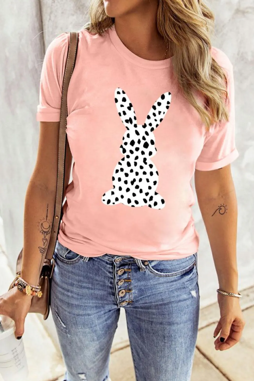 Fashion Dear-Lover Spotty Bunny Printed Easter Fashion T Shirt Pink