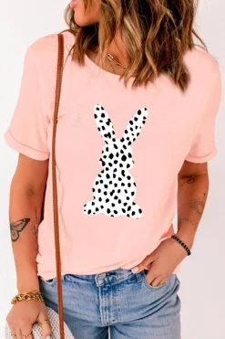 Fashion Dear-Lover Spotty Bunny Printed Easter Fashion T Shirt Pink