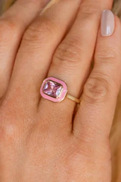 Outlet Dear-Lover Square Gem Insert Alloy Ring Pink