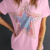 Clearance Dear-Lover Star Patchwork Loose T-shirt Pink