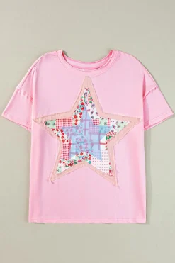 Clearance Dear-Lover Star Patchwork Loose T-shirt Pink