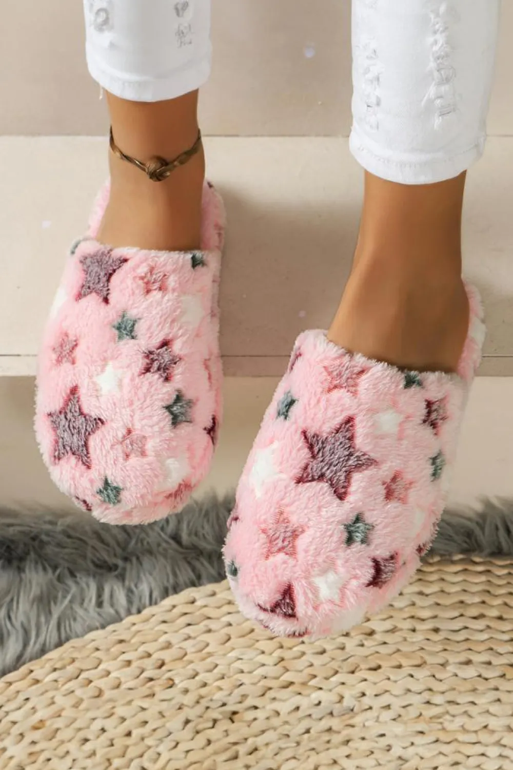 Fashion Dear-Lover Star Pattern Plush Home Slippers Pink
