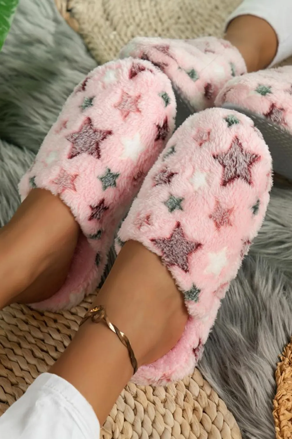 Fashion Dear-Lover Star Pattern Plush Home Slippers Pink