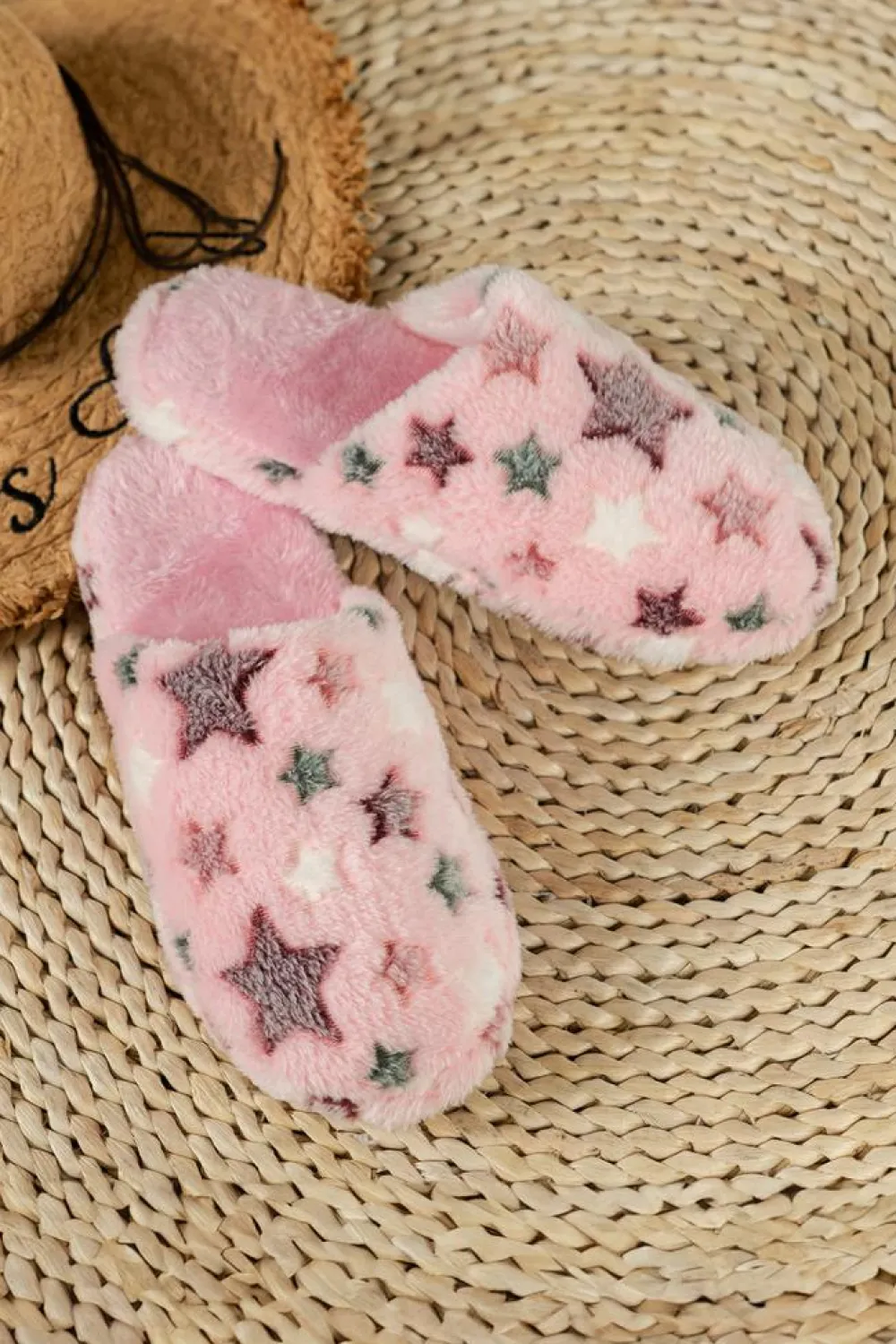 Fashion Dear-Lover Star Pattern Plush Home Slippers Pink