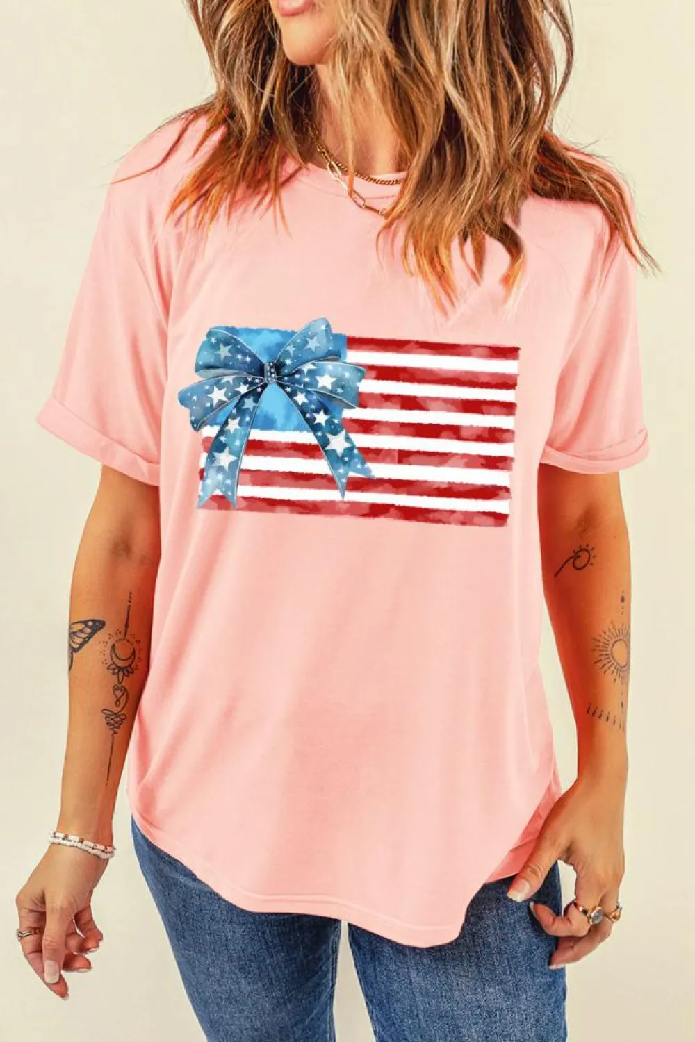 Sale Dear-Lover Starry Bow American Flag Graphic T Shirt Pink