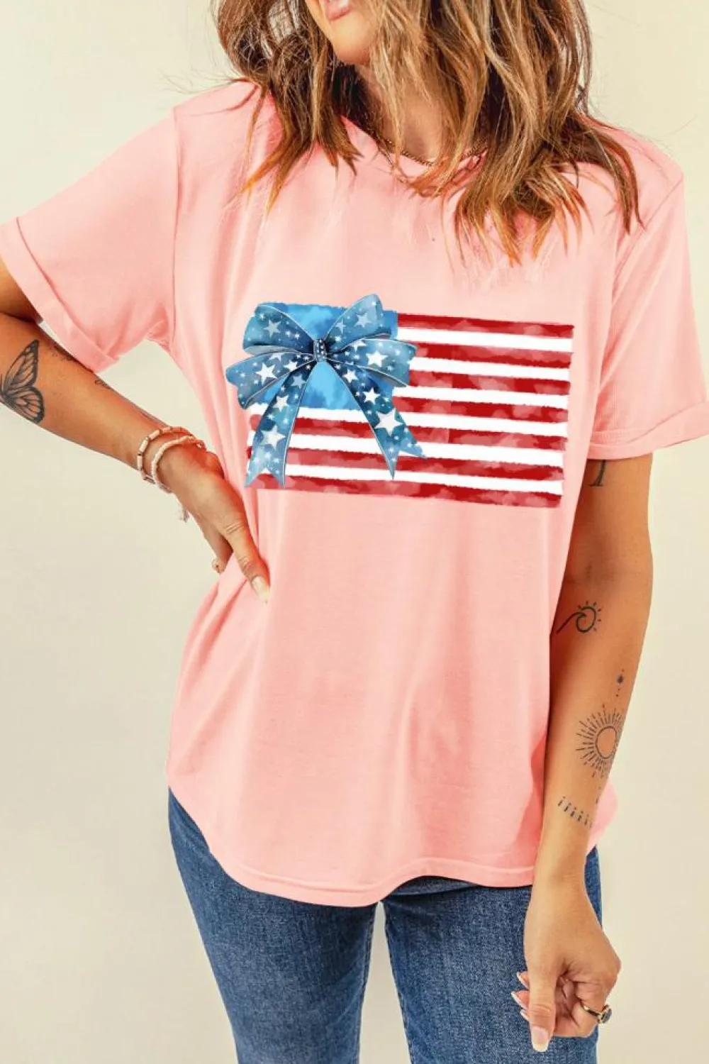Sale Dear-Lover Starry Bow American Flag Graphic T Shirt Pink