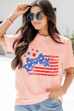 Discount Dear-Lover Stars and Stripes Bow Knot Crew Neck T Shirt Pink
