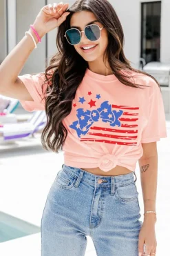 Discount Dear-Lover Stars and Stripes Bow Knot Crew Neck T Shirt Pink