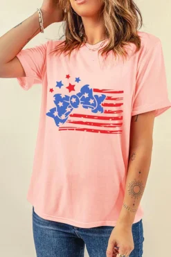 Discount Dear-Lover Stars and Stripes Bow Knot Crew Neck T Shirt Pink