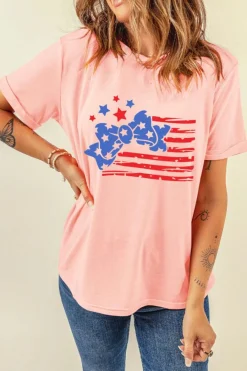 Discount Dear-Lover Stars and Stripes Bow Knot Crew Neck T Shirt Pink
