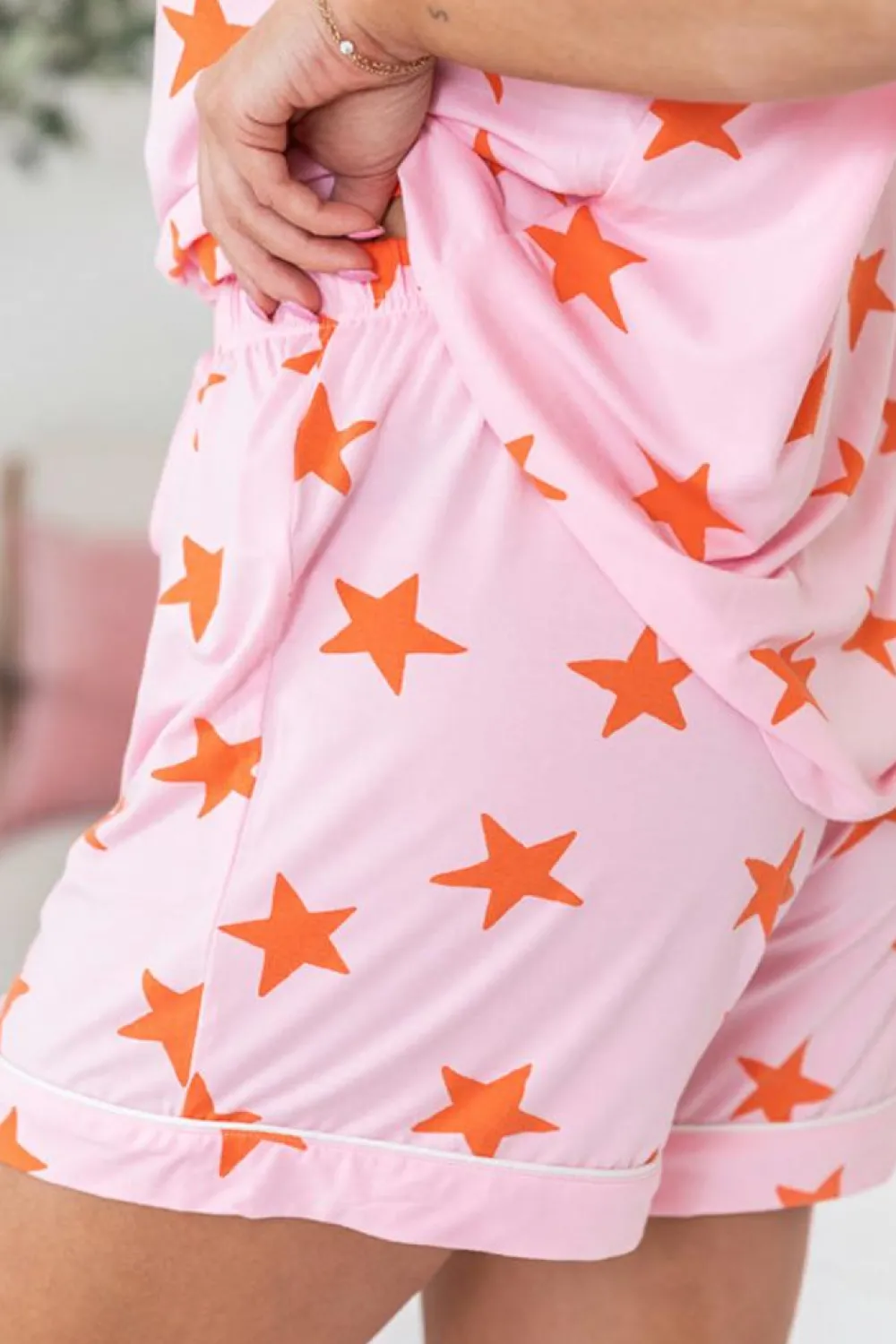 Fashion Dear-Lover Stars Short Sleeve Shirt and Shorts Bamboo Pajama Set Pink
