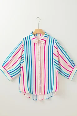 New Dear-Lover 3/4 Sleeve Button Up Casual Shirt Pink Stripe