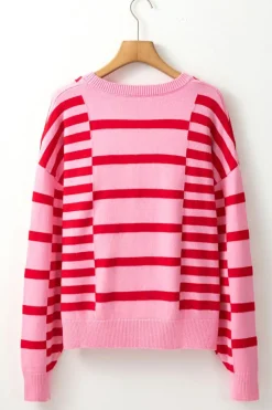 Online Dear-Lover Bubble Sleeve Drop Shoulder Ribbed Trim Sweater Pink Stripe