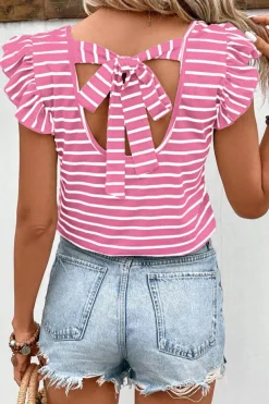Hot Dear-Lover Butterfly Sleeve V Neck Hollowed Knot Back T Shirt Pink Stripe