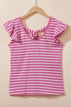 Hot Dear-Lover Butterfly Sleeve V Neck Hollowed Knot Back T Shirt Pink Stripe
