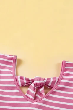 Hot Dear-Lover Butterfly Sleeve V Neck Hollowed Knot Back T Shirt Pink Stripe