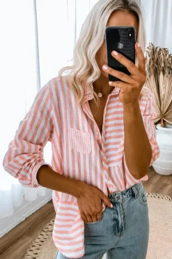 Sale Dear-Lover Buttoned Long Sleeve Casual Shirt Pink Stripe