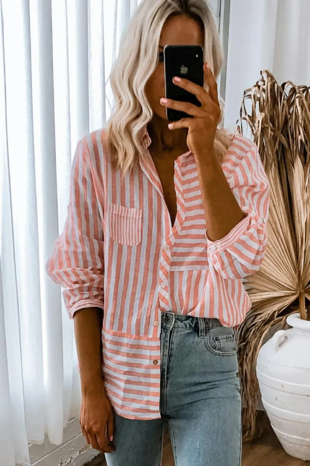 Sale Dear-Lover Buttoned Long Sleeve Casual Shirt Pink Stripe