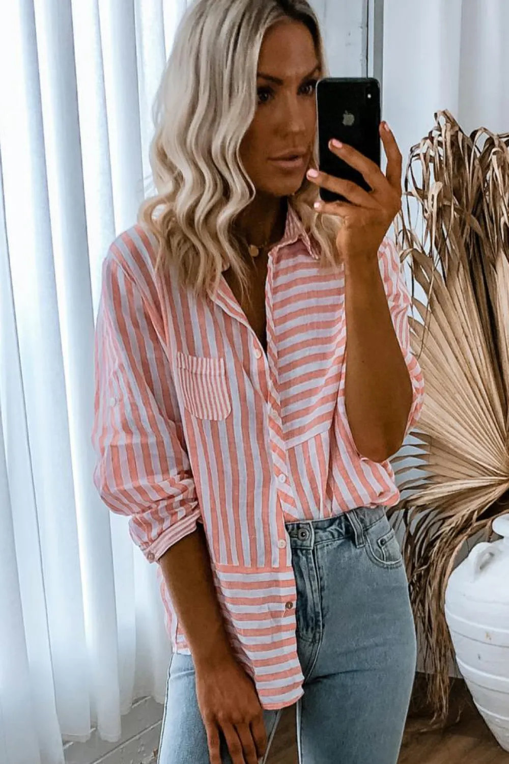 Sale Dear-Lover Buttoned Long Sleeve Casual Shirt Pink Stripe
