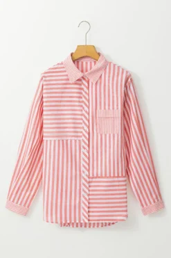 Sale Dear-Lover Buttoned Long Sleeve Casual Shirt Pink Stripe