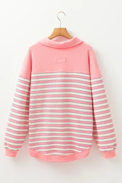 Best Dear-Lover Buttoned V Neck Collared Drop Shoulder Top Pink Stripe
