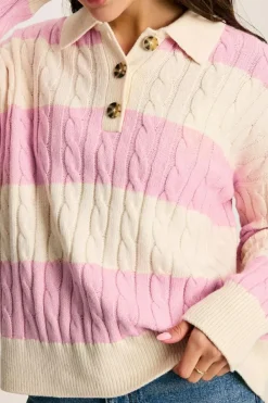 Outlet Dear-Lover Cable Knit Collared Henley Sweater Pink Stripe
