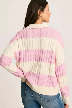Outlet Dear-Lover Cable Knit Collared Henley Sweater Pink Stripe
