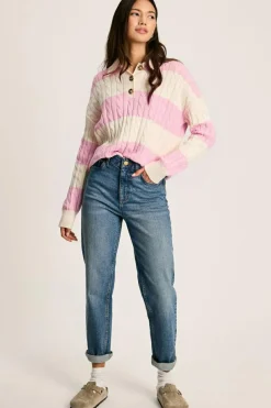 Outlet Dear-Lover Cable Knit Collared Henley Sweater Pink Stripe
