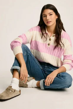 Outlet Dear-Lover Cable Knit Collared Henley Sweater Pink Stripe