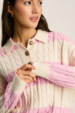 Outlet Dear-Lover Cable Knit Collared Henley Sweater Pink Stripe