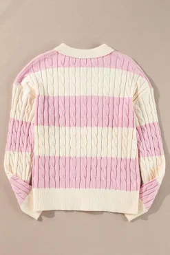 Outlet Dear-Lover Cable Knit Collared Henley Sweater Pink Stripe