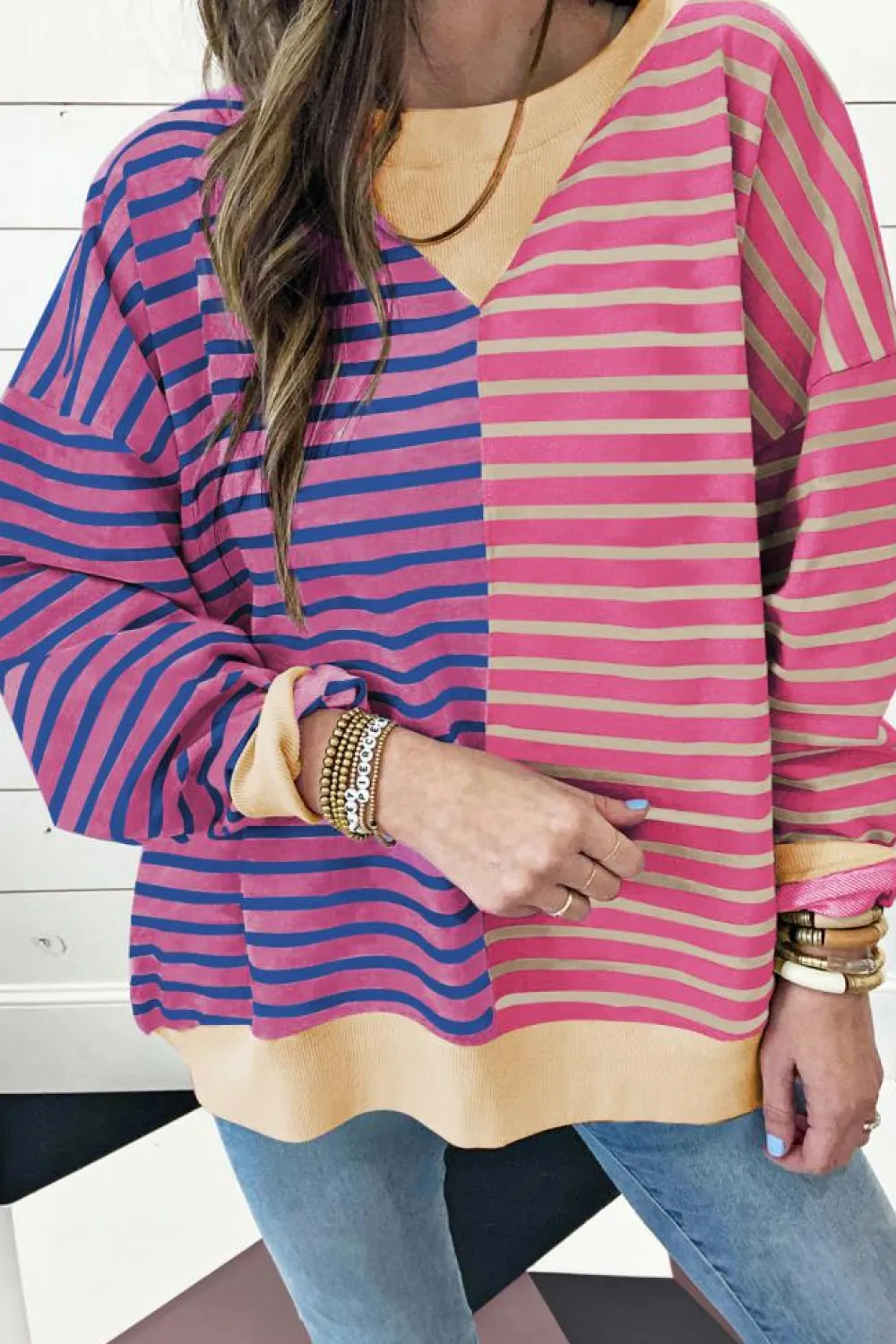 Sale Dear-Lover Casual Stripe Colorblock Drop Shoulder Oversize Sweatshirt Pink Stripe