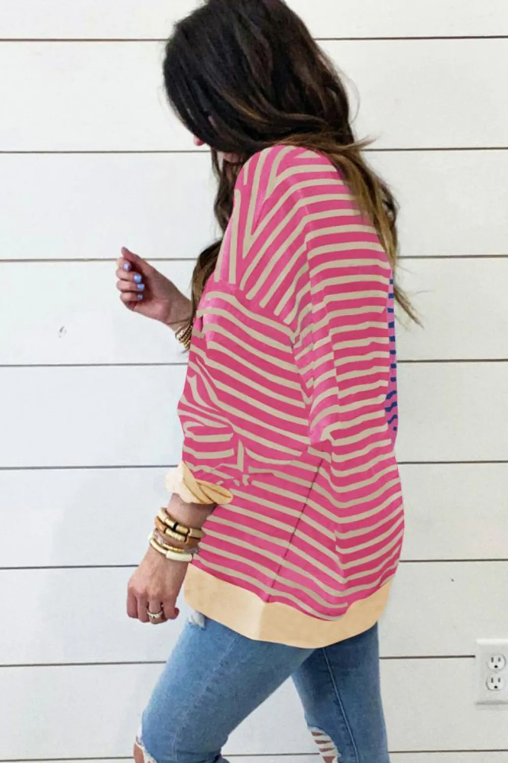Sale Dear-Lover Casual Stripe Colorblock Drop Shoulder Oversize Sweatshirt Pink Stripe