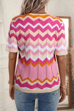 New Dear-Lover Chevron Pointelle Knit V Neck Short Sleeve Sweater Pink Stripe