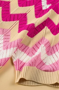 New Dear-Lover Chevron Pointelle Knit V Neck Short Sleeve Sweater Pink Stripe