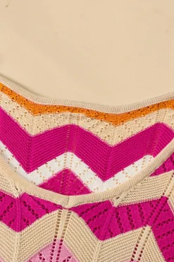 New Dear-Lover Chevron Pointelle Knit V Neck Short Sleeve Sweater Pink Stripe