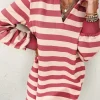 New Dear-Lover Collared V Neck Long Sleeve Loose Casual Dress Pink Stripe