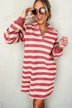 New Dear-Lover Collared V Neck Long Sleeve Loose Casual Dress Pink Stripe